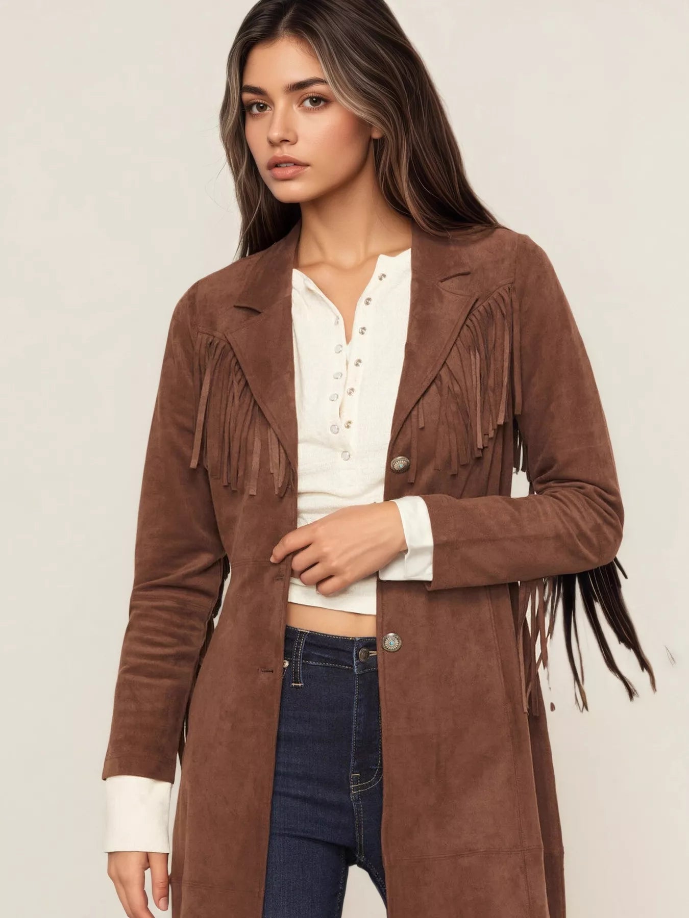 Fringe Lapel Collar Long Sleeve Coat Trendsi