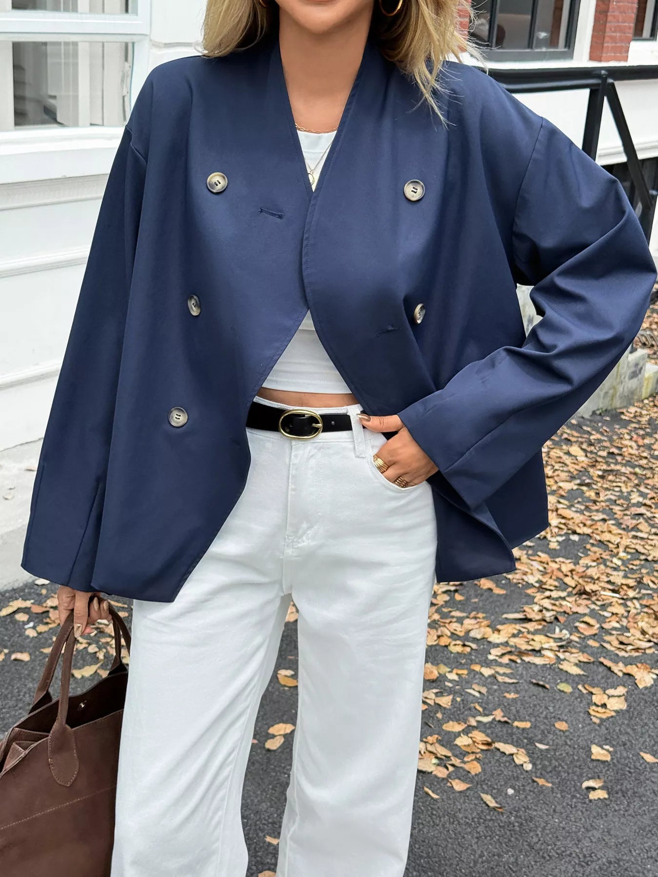 Double-Breasted Long Sleeve Jacket OutfitFlow