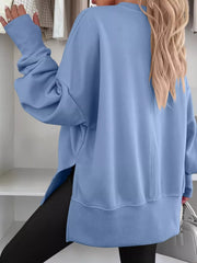 Side Slit Round Neck Long Sleeve Sweatshirt OutfitFlow