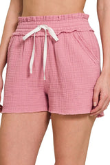 Zenana Double Gauze Elasticband Drawstring Waist Shorts OutfitFlow