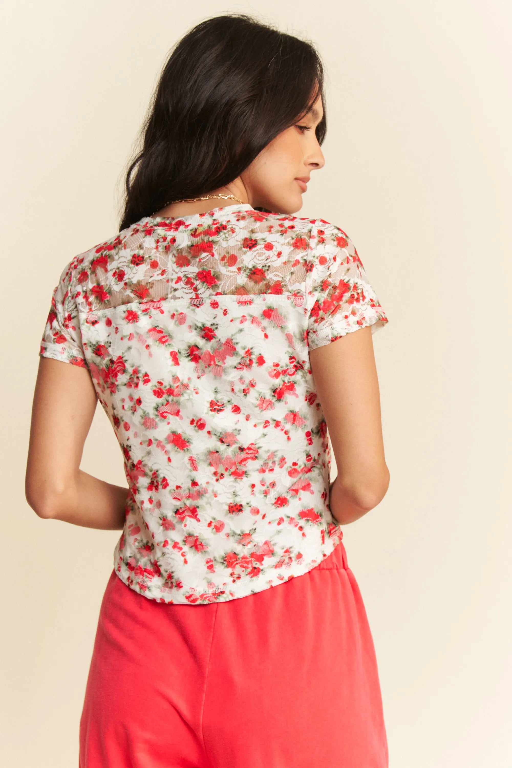 Davi & Dani Ribbon Short Sleeve Layered Mesh Top OutfitFlow