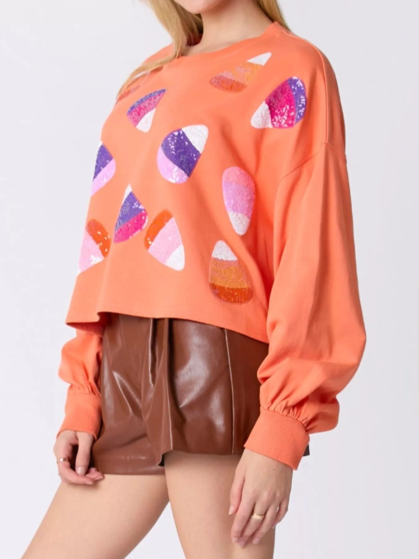 Halloween Candy Sequin Long-Sleeve Sweatshirt OutfitFlow
