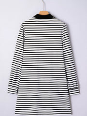 Stripe Buttoned Front Collared Long Sleeve T Shirt Dress with Pockets OutfitFlow