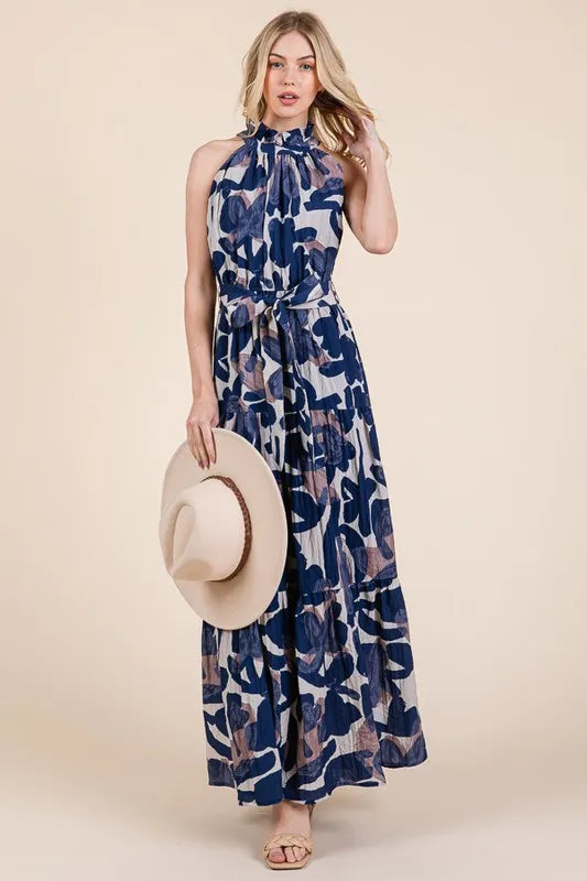 Lime 'N' Chili Abstract Halter Neck Tie-Waist Tiered Maxi Dress OutfitFlow
