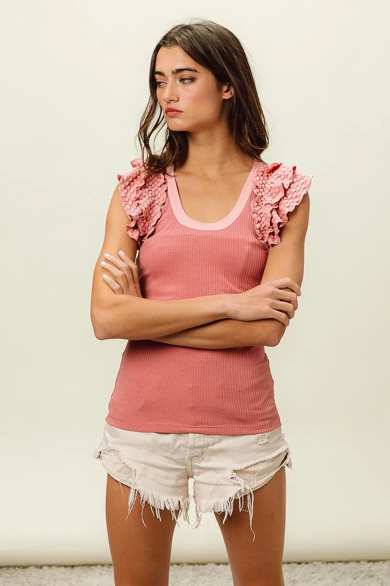 BiBi Rib Knit With Textured Ruffled Top OutfitFlow