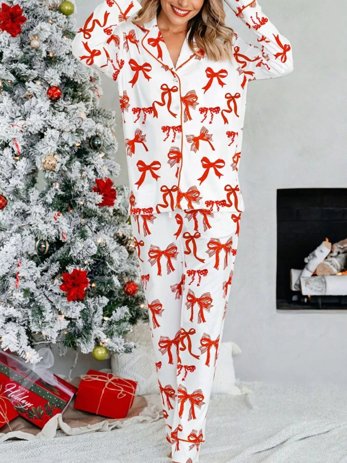 Christmas Bow Print Top and Pants 2pcs Pajama Set OutfitFlow