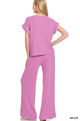 Zenana Rolled Sleeve Top and Pants Sweater Set OutfitFlow