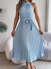 Grecian Neck Tie Waist Pleated Dress OutfitFlow