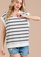 Ces Femme Collared Neck Contrast Striped Sweater Vest