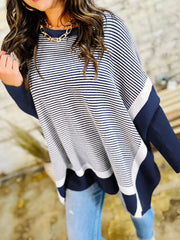 Stripe Dolman Oversize Tunic Sweater Navy Trendsi