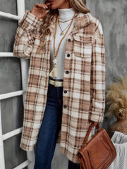 Plaid Fleece Button Up Longline Outerwear OutfitFlow