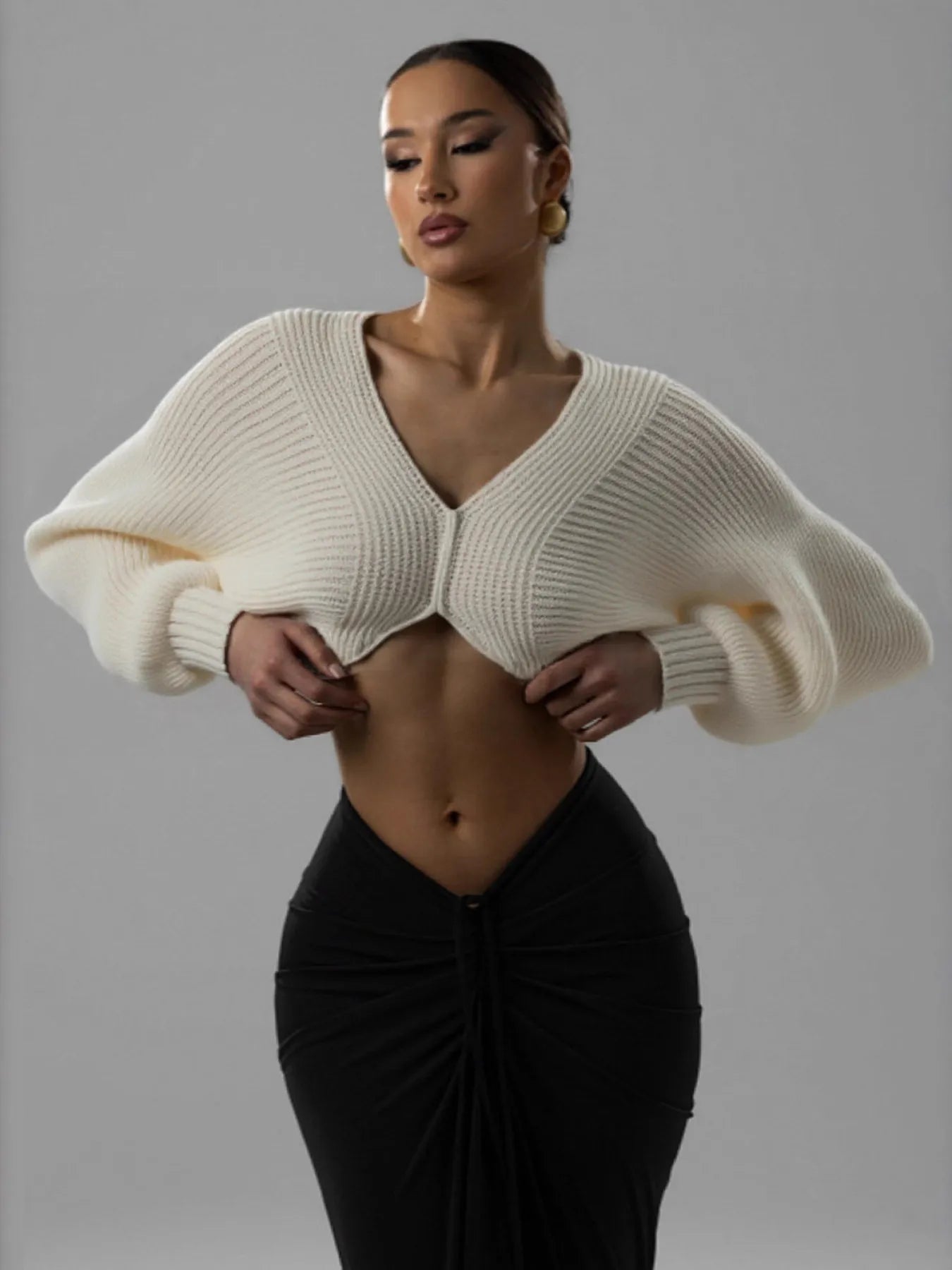 V-Neck Long Sleeve Crop Sweater OutfitFlow