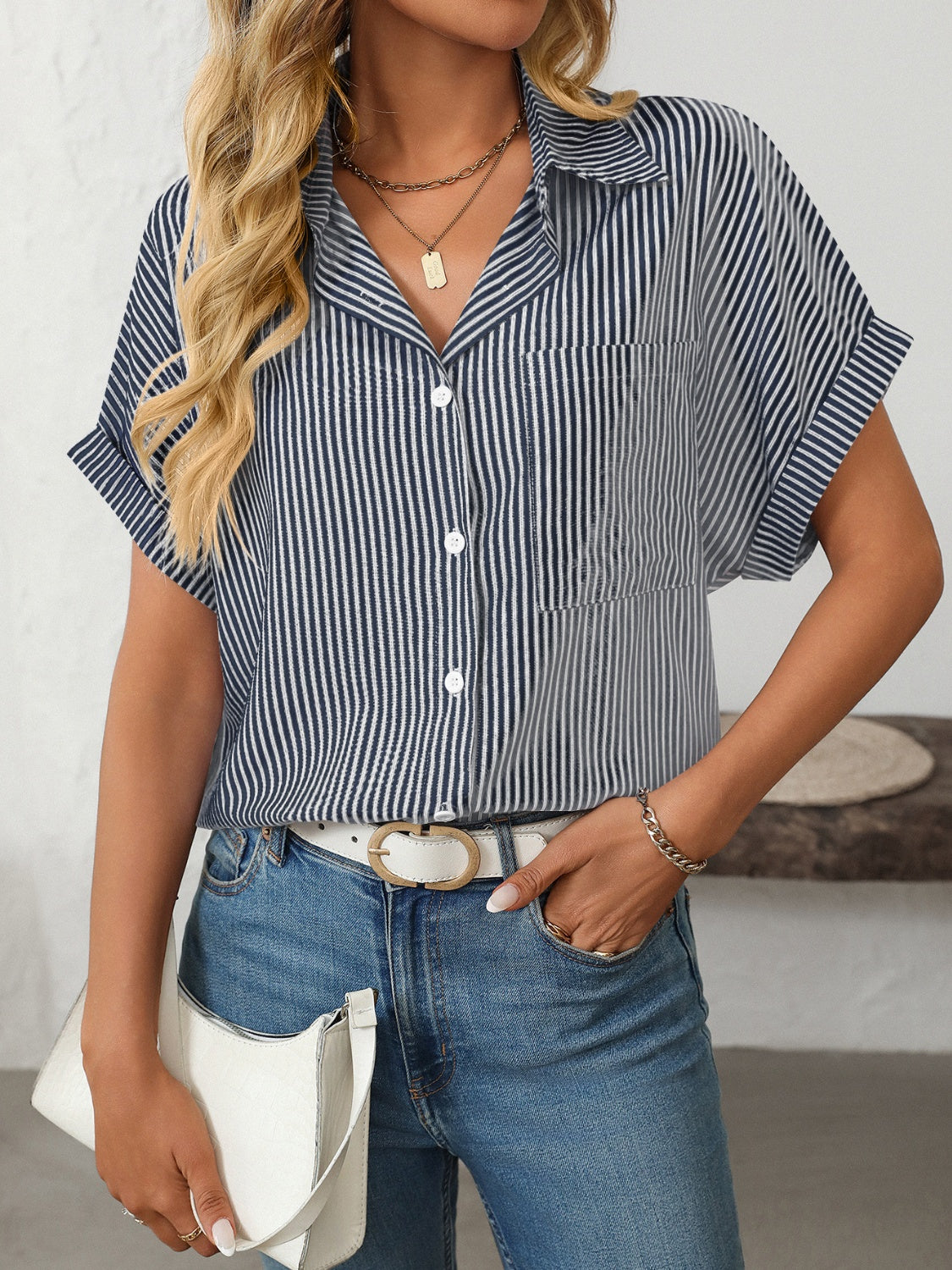 Outfit Flow - Mandy Pocketed Striped Collared Neck Short Sleeve Shirt