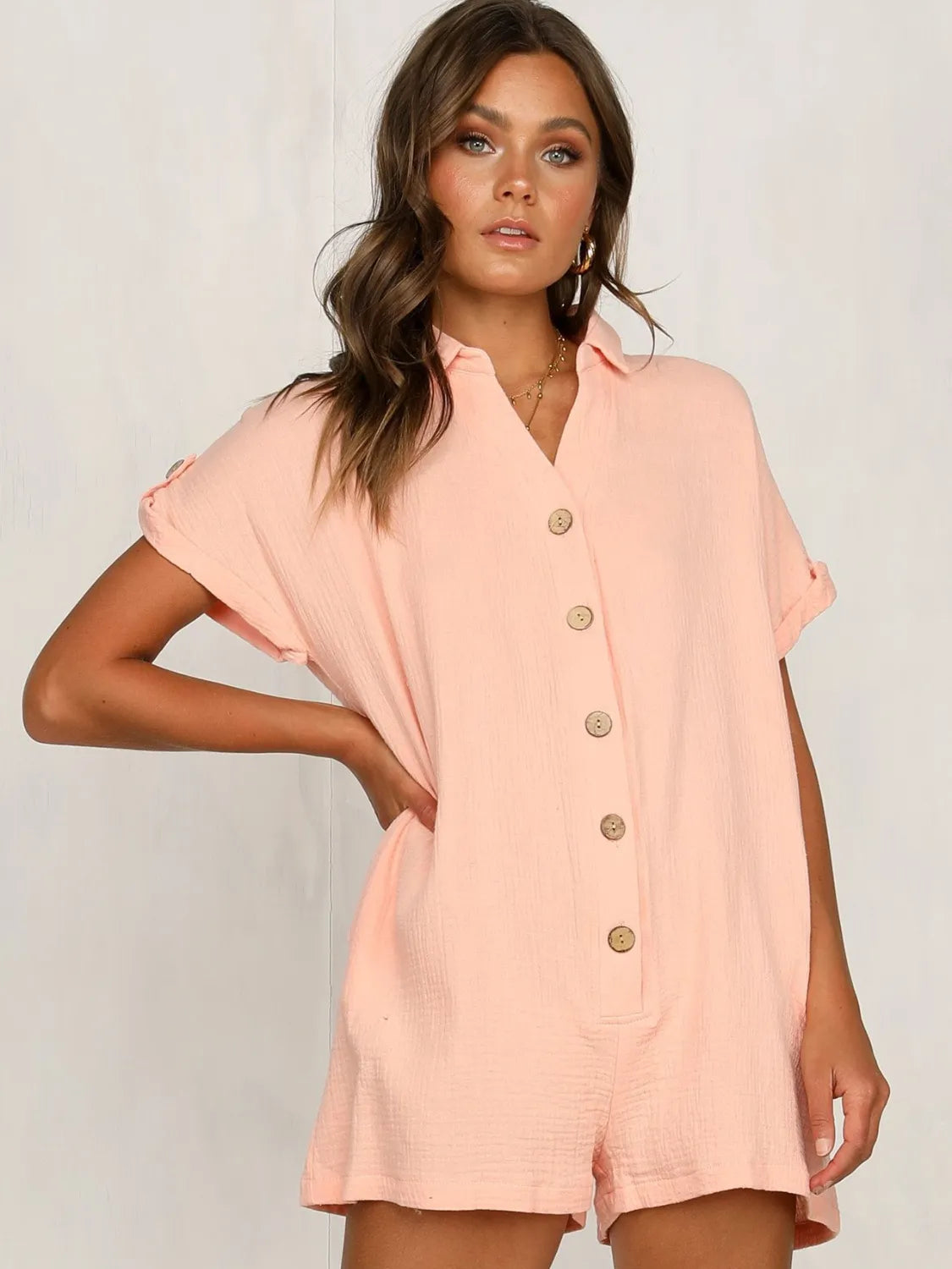 Button Front Short Sleeve Romper Watermelon pink OutfitFlow