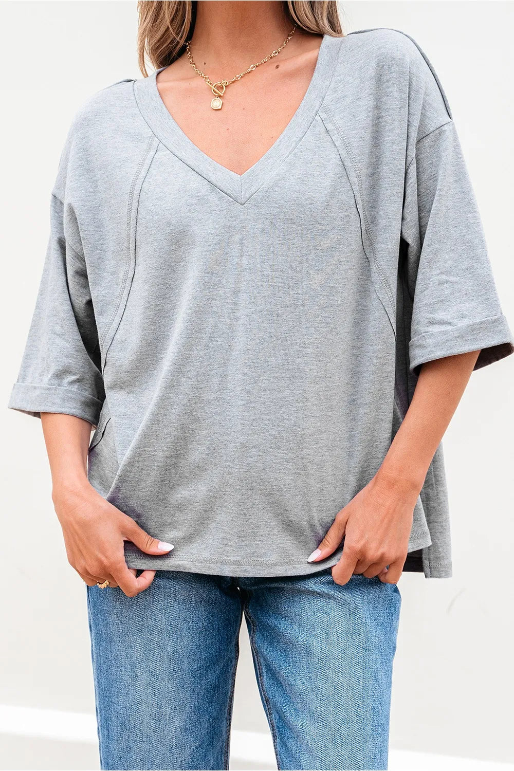High Raglan Half Sleeve V Neck Oversized T Shirt OutfitFlow