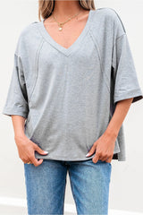 High Raglan Half Sleeve V Neck Oversized T Shirt OutfitFlow