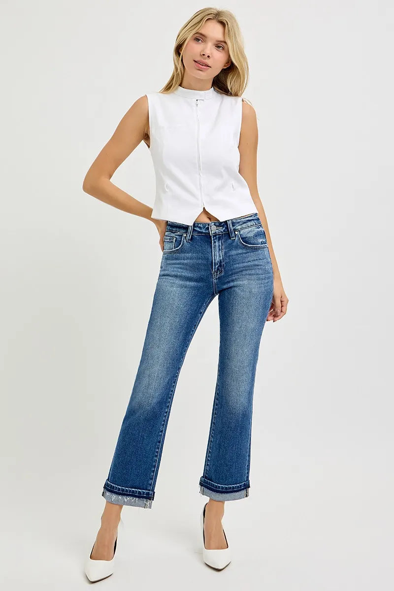 RISEN Mid Rise Ankle Straight Cuffed Jeans OutfitFlow