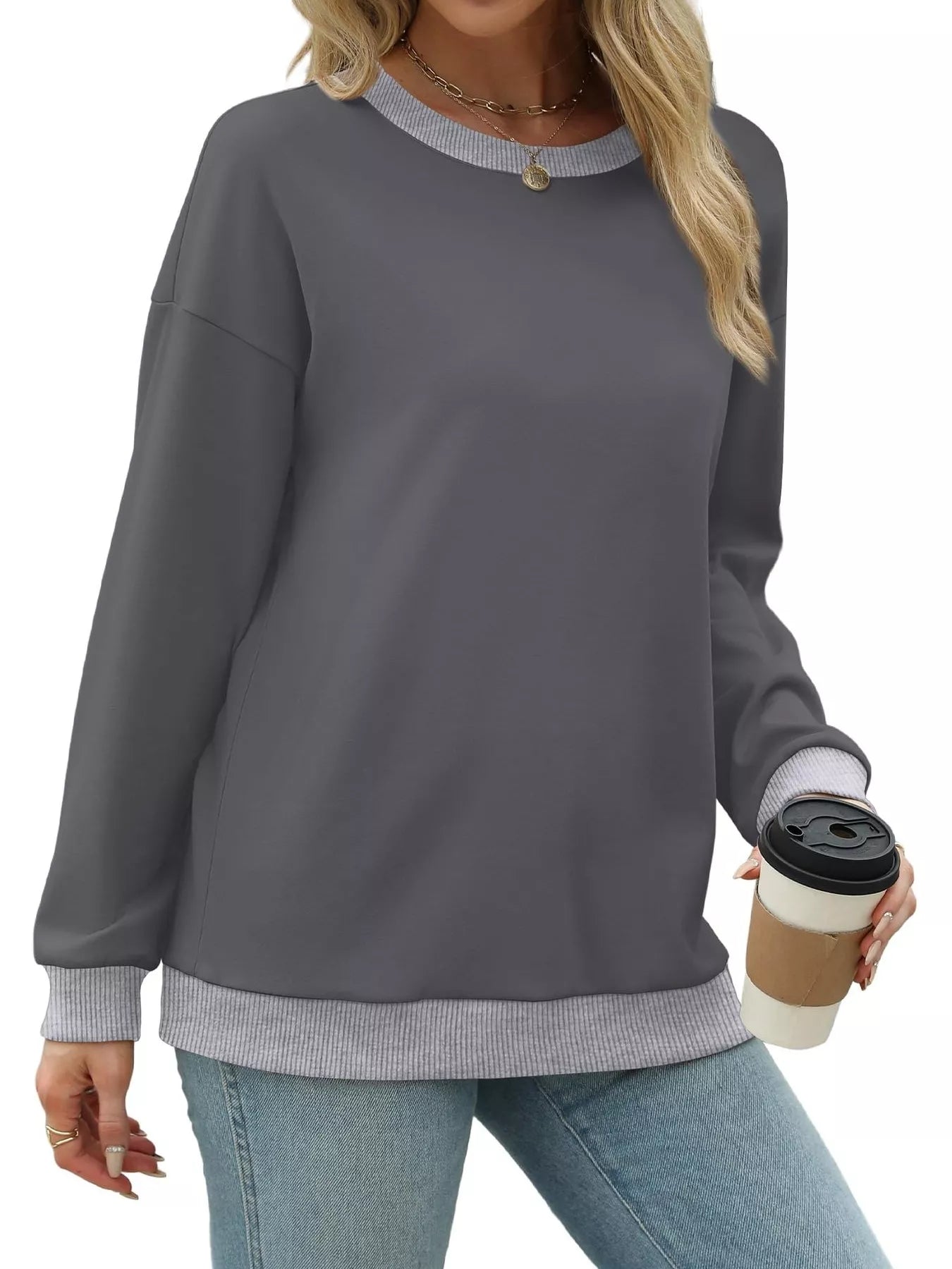 Contrast Trim Crew Neck Casual Sweatshirt OutfitFlow