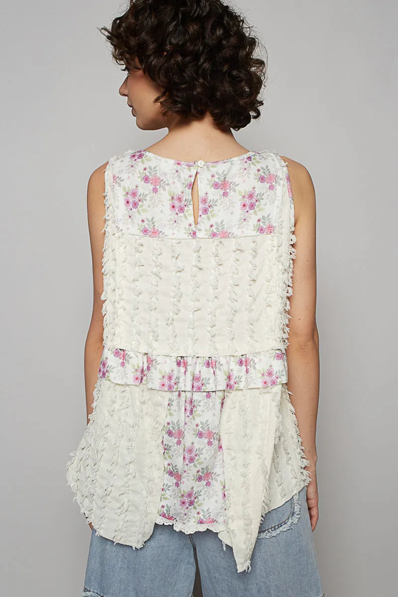 POL Floral Textured Round Neck Sleeveless Top OutfitFlow