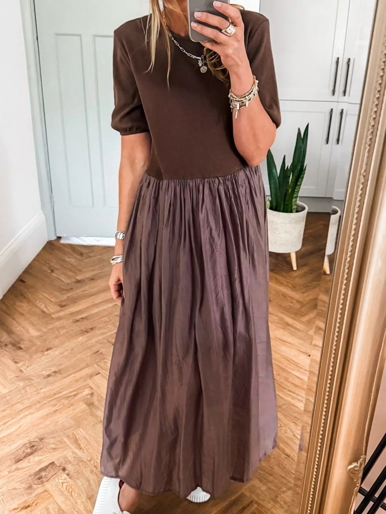 Short Sleeve Knit Top Patchwork Pleated Dress OutfitFlow