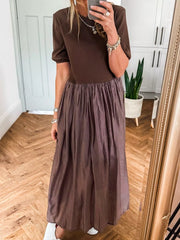 Short Sleeve Knit Top Patchwork Pleated Dress OutfitFlow