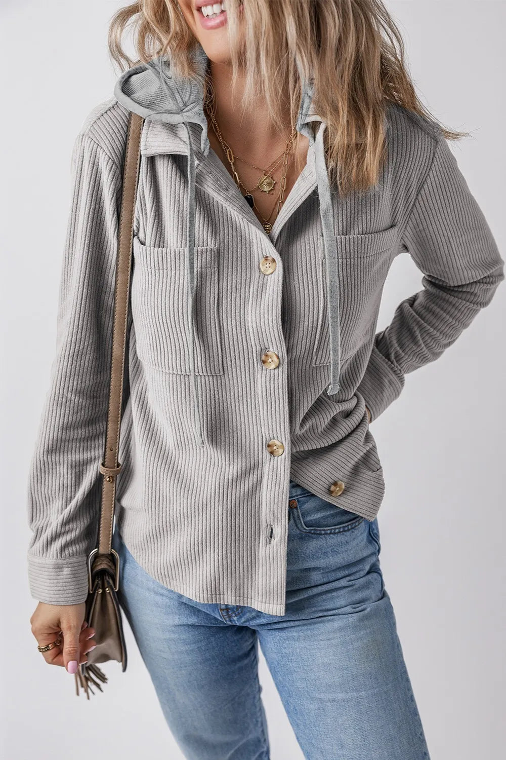Drawstring Button Up Long Sleeve Hooded Jacket OutfitFlow