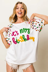 BiBi Metallic Letter Spangle Raglan Puff Sleeve Top OutfitFlow