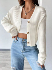 Ribbed Knit Button-Up Cropped Cardigan OutfitFlow
