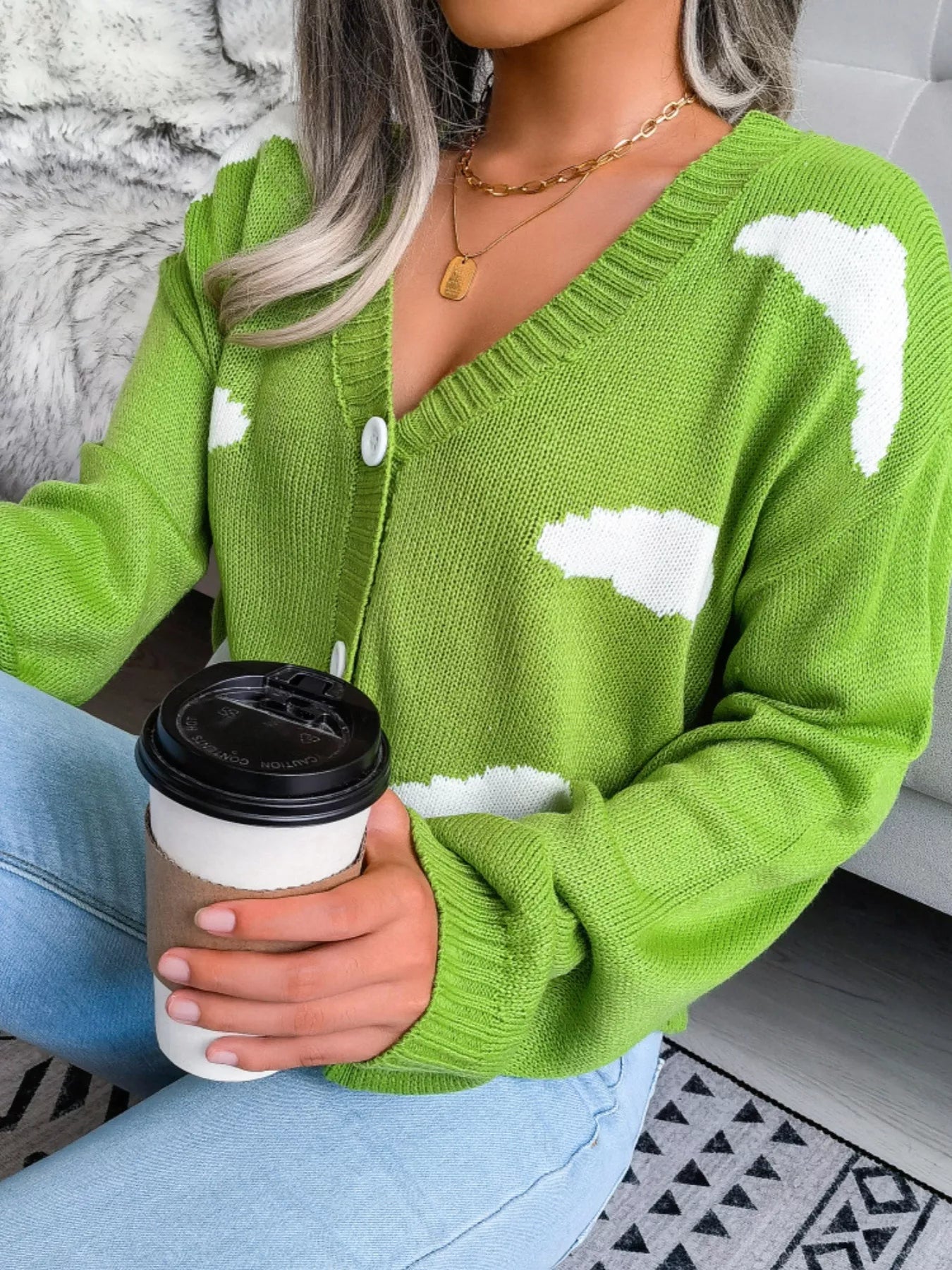 Cloud Pattern Button-Up Cropped Cardigan OutfitFlow
