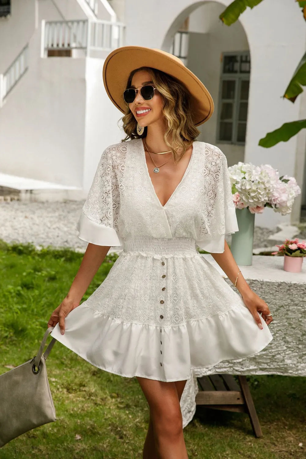 Lace Cutout Surplice Half Sleeve Dress OutfitFlow