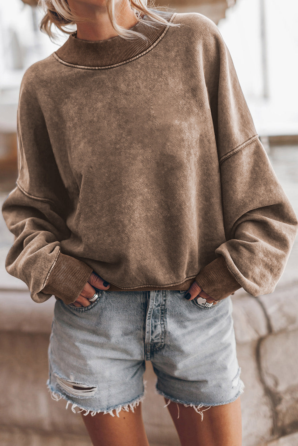 Outfit Flow - Mock Neck Dropped Shoulder Sweatshirt