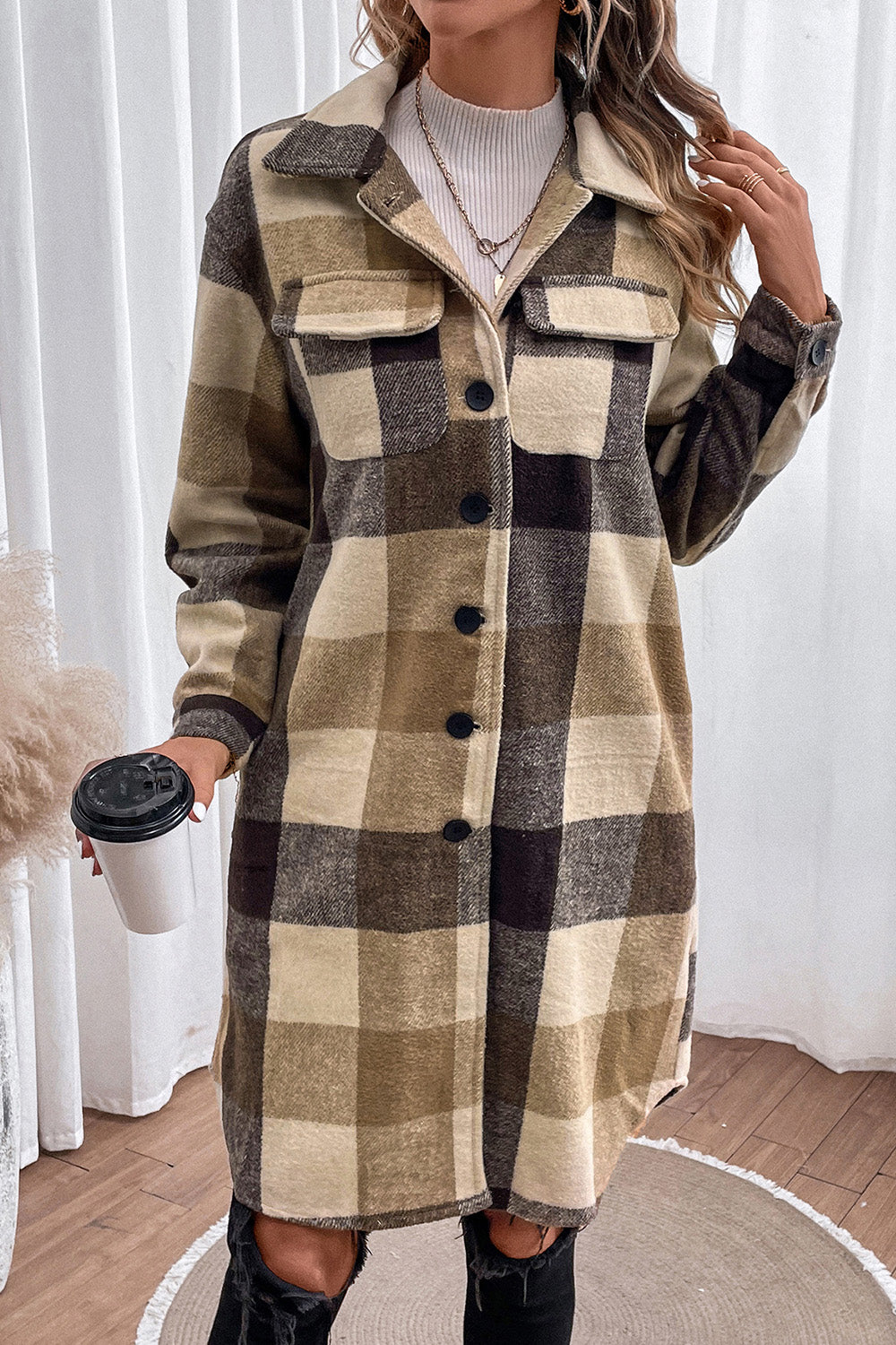 Plaid Button Down Longline Coat Khaki Trendsi