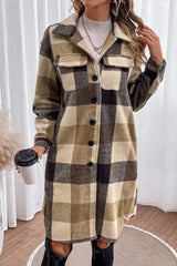 Plaid Button Down Longline Coat Khaki Trendsi