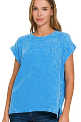 Zenana Woven Double Gauze Acid Washed Short Sleeve Top OutfitFlow