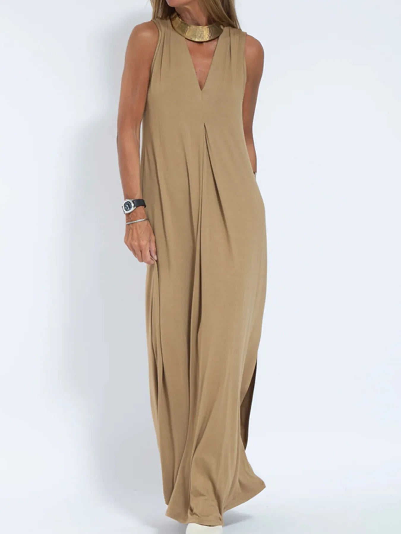 Full Size V-Neck Sleeveless Maxi Dress with Slit Plus Size OutfitFlow