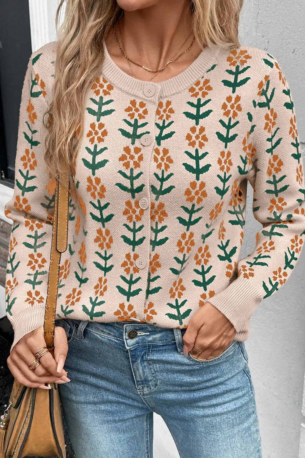 Floral Button-Up Knit Cardigan OutfitFlow