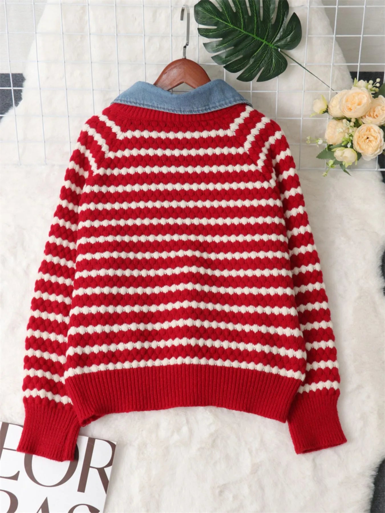 Contrast Striped Sweater with Denim Collar OutfitFlow
