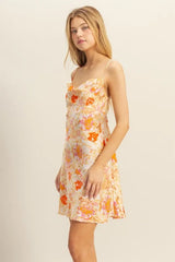 HYFVE Floral Cowl Neck Flirty Satin Mini Dress OutfitFlow