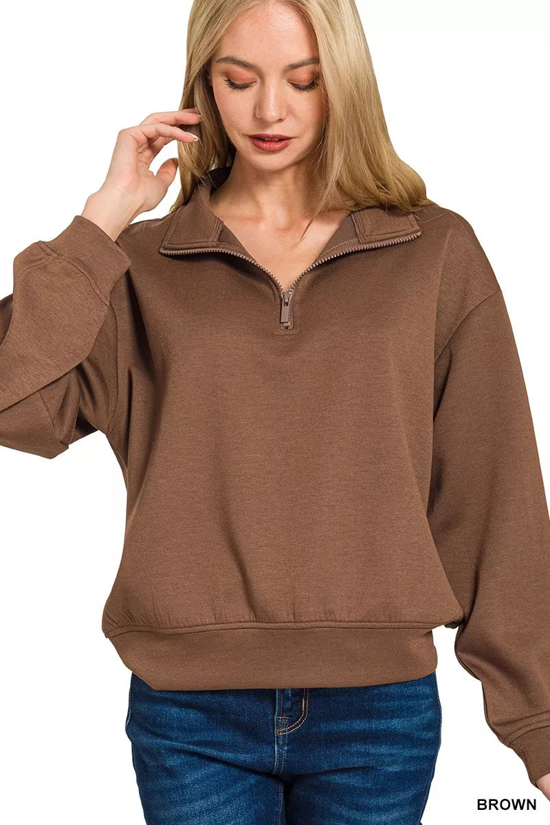 Zenana Scuba Half Zip Pullover Sweatshirt OutfitFlow