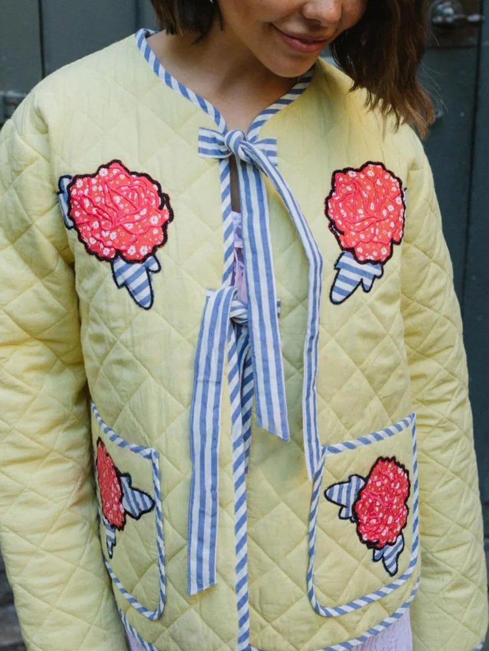Embroidered Flower Tied Long Sleeve Winter Coat Trendsi