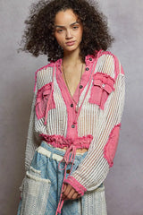 POL Texture Woven Button Down Hooded Shirt with Drawstring Hem Trendsi