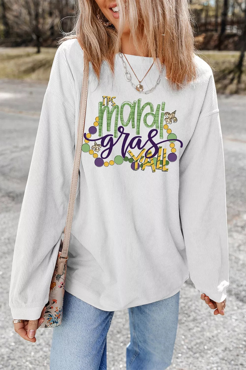 TIS Mardi Gras YALL Corded Ribbed Pullover Sweatshirt OutfitFlow