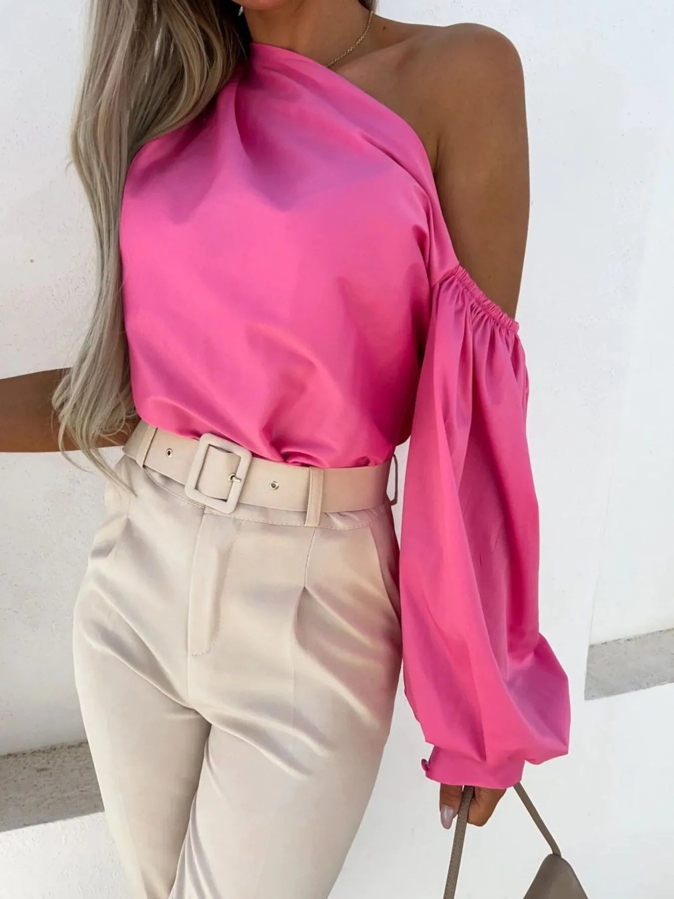 One Shoulder Puff Sleeve Blouse Fuchsia Pink OutfitFlow