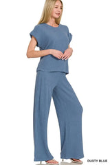 Zenana Rolled Sleeve Top and Pants Sweater Set OutfitFlow