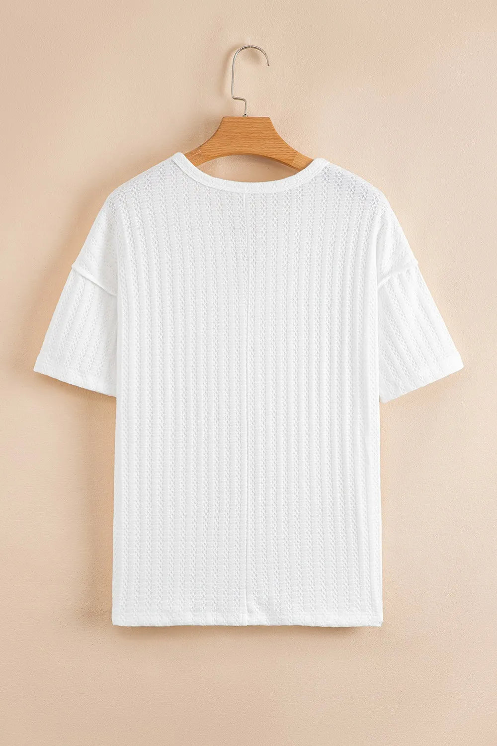 Textured Hollow Grommet Placket Split Neck Short Sleeve Top OutfitFlow