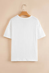 Textured Hollow Grommet Placket Split Neck Short Sleeve Top OutfitFlow