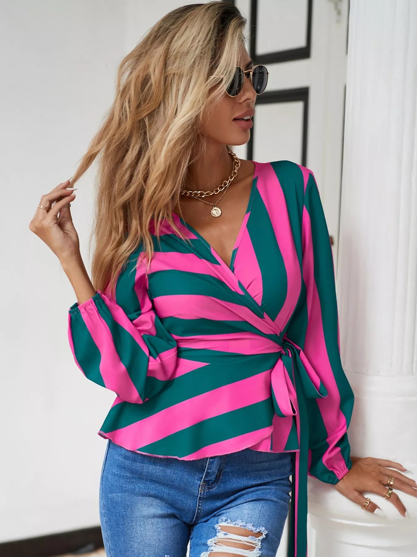 Striped Wrap Blouse with Tie Detail OutfitFlow
