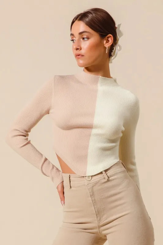 SO ME Color Block Fitted Crop Sweater Top OutfitFlow