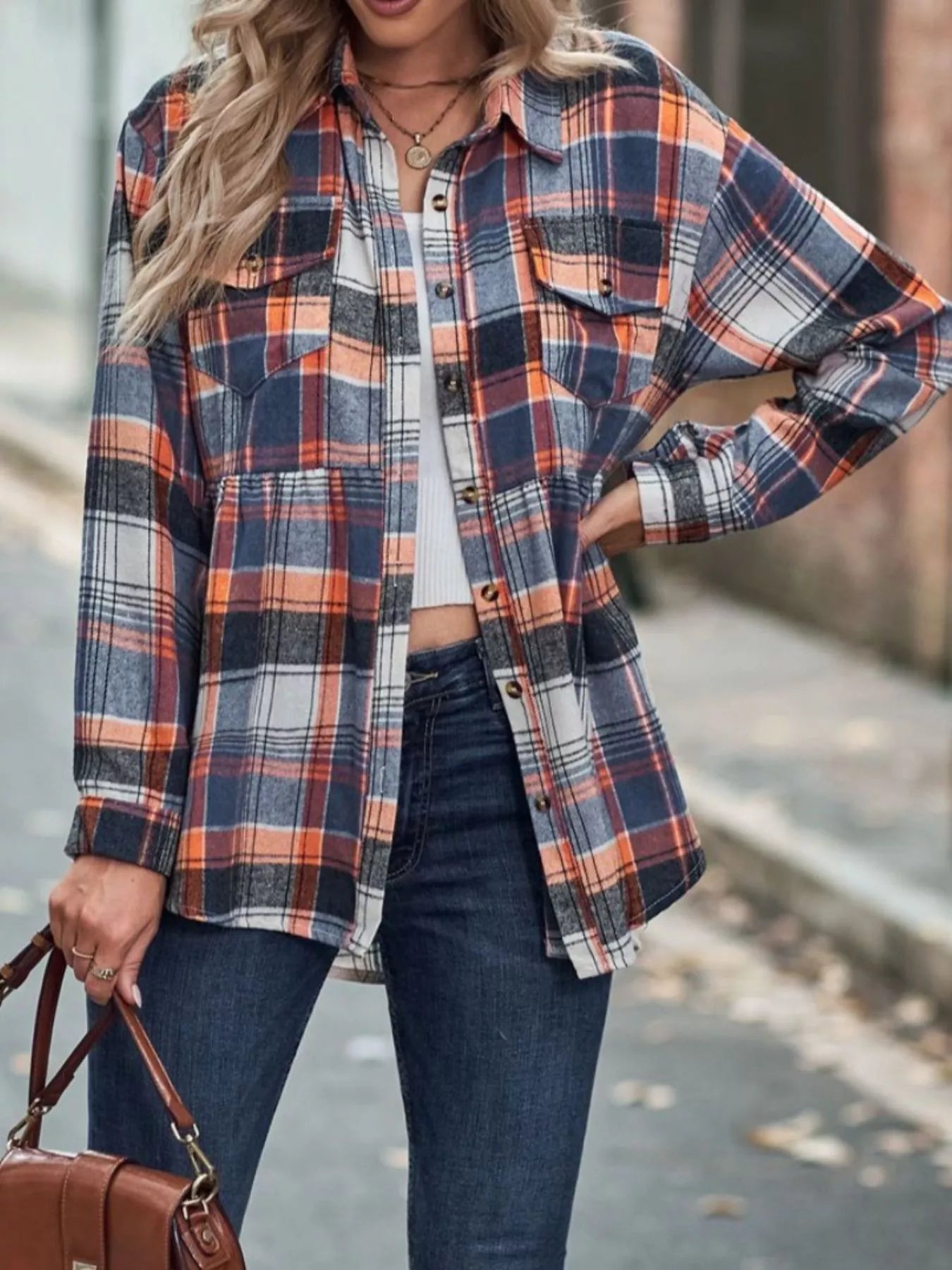 Plaid Button-Down Long Sleeve Shirt Pumpkin OutfitFlow