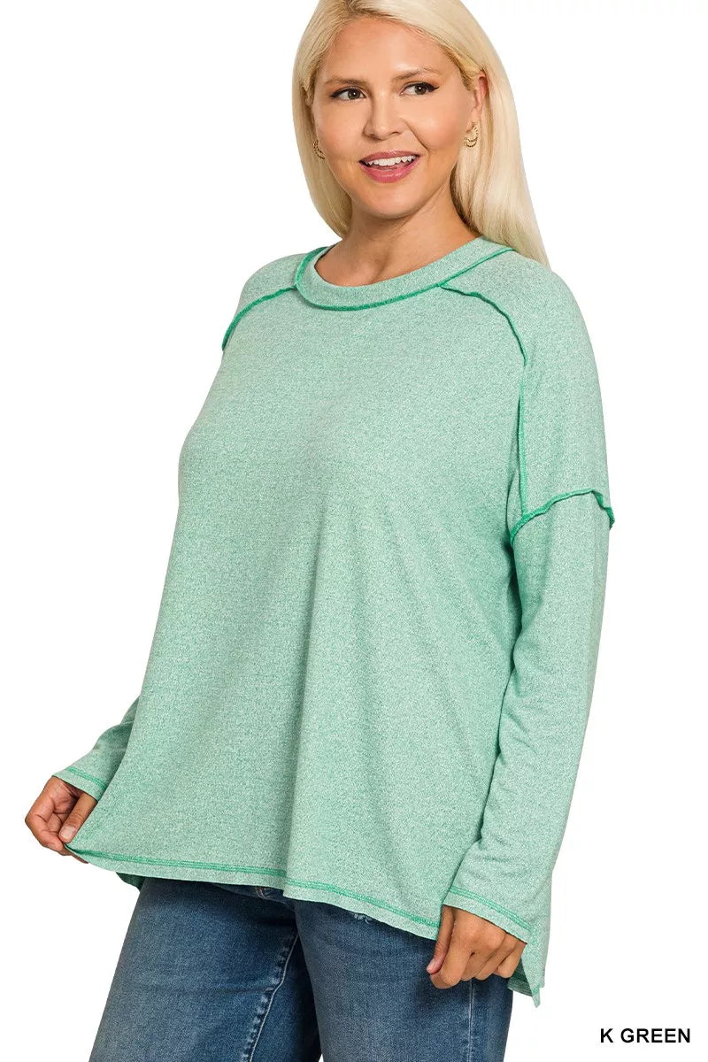 Zenana Full Size Melange Hacci Exposed Seam Hi-low Tee Plus Size OutfitFlow